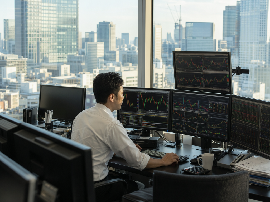 複数モニターに株価チャートを表示したトレーダーの作業環境