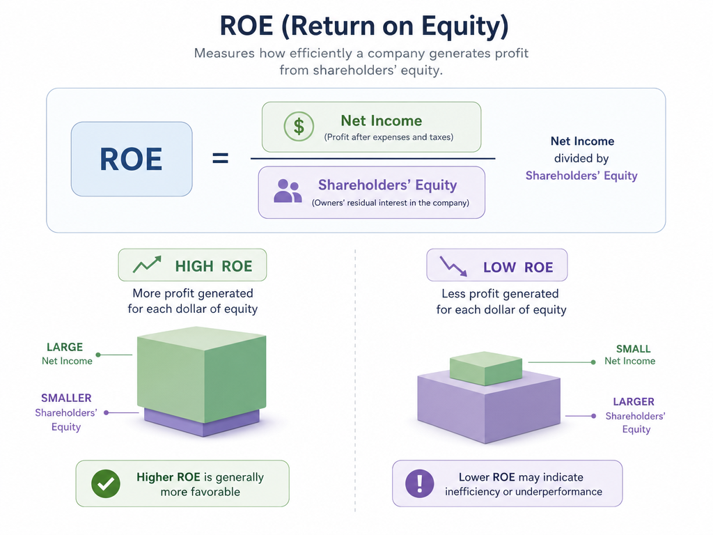 ROE（自己資本利益率）の計算と高低比較を示す図解