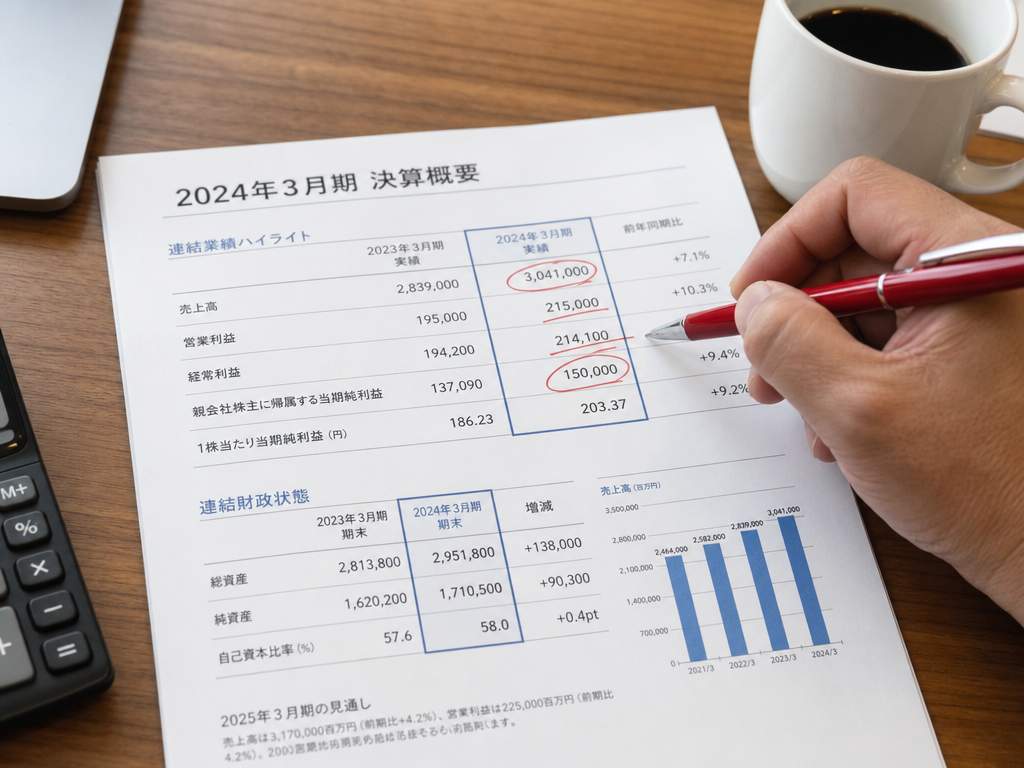 企業の決算資料に印をつけて読み込む様子