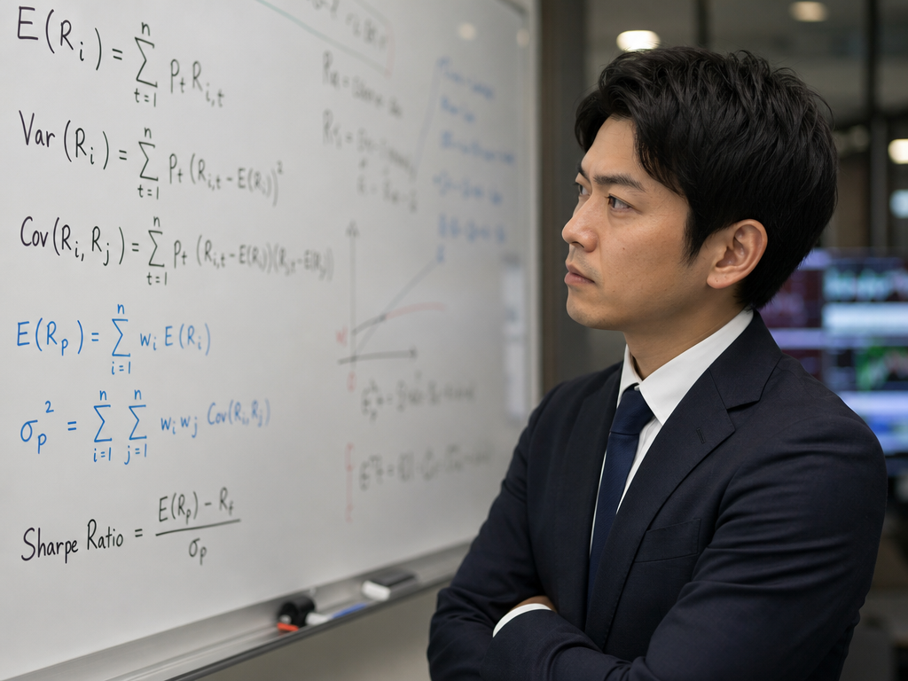 財務の数式が書かれたホワイトボードと人物