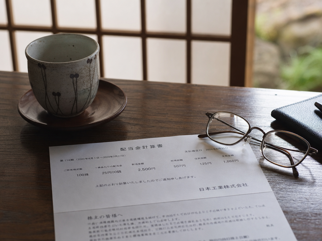 配当通知と落ち着いた和の机上の様子