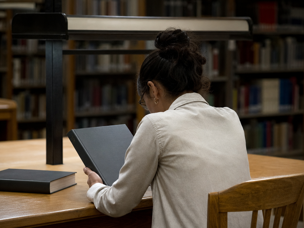 図書館の閲覧席で有価証券報告書を読み込む人物の後ろ姿