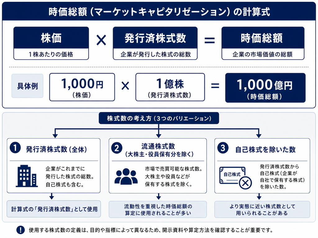 時価総額の計算式「株価×発行済株式数」と、発行済株式数の種類(流通株式・自己株式控除後など)を分類した教科書的インフォグラフィック
