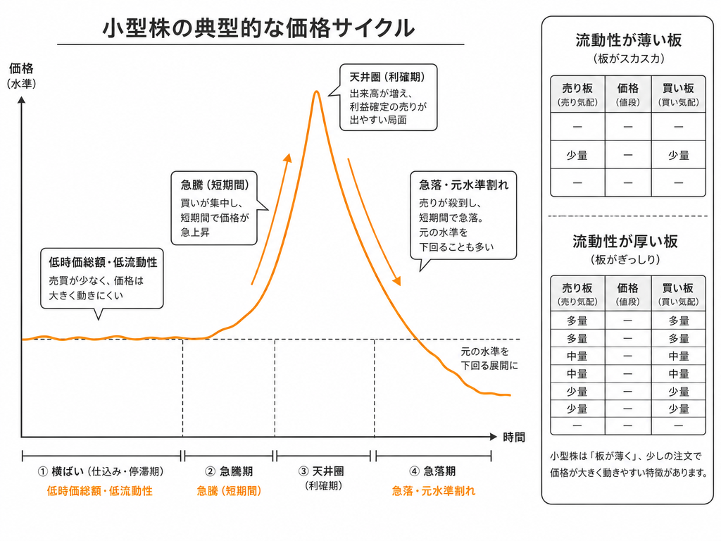 小型株の急騰と急落の典型的な価格サイクルと、流動性の薄い板の構造を示す教育的図解