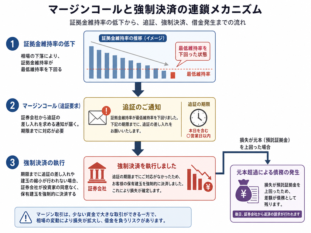 追証発生から強制決済、元手超過損失へと連鎖する仕組みを示した縦型フローチャートの概念図
