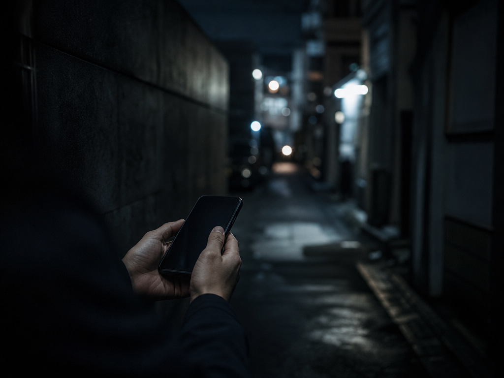 夜の路地で画面を見つめる人物の手元をとらえた、不安感を漂わせるドキュメンタリー風の情景写真