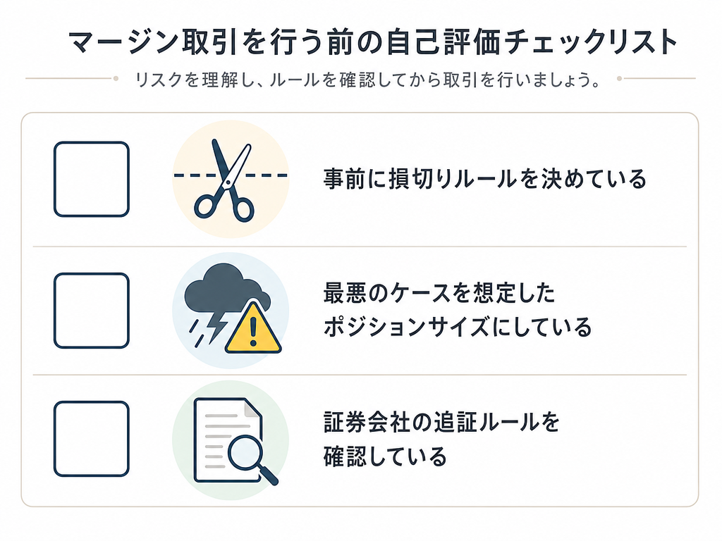 信用取引開始前に確認すべき損切りルール・最悪シナリオ想定・約款確認の3項目をチェックリスト形式で示した概念図