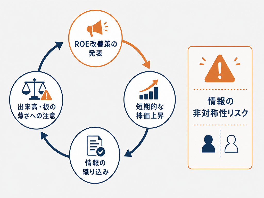 ROE改善発表から株価動意・情報の織り込みまでの循環を示すフローチャート