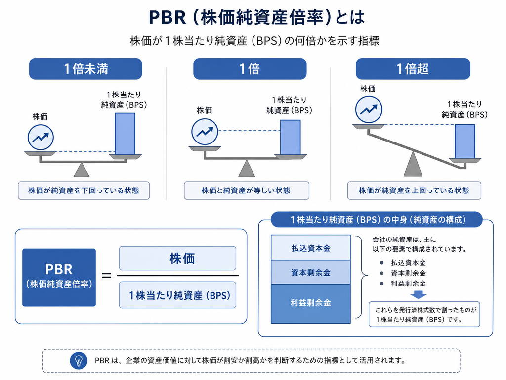 PBRの計算式と1倍・1倍未満・1倍超の3段階を図示したインフォグラフィック