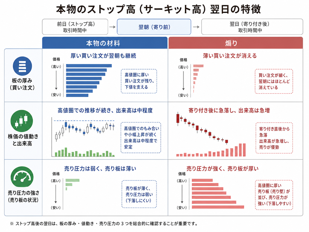 「本物の材料」と「煽り」の翌日における板・価格・出来高の特徴を比較したインフォグラフィック