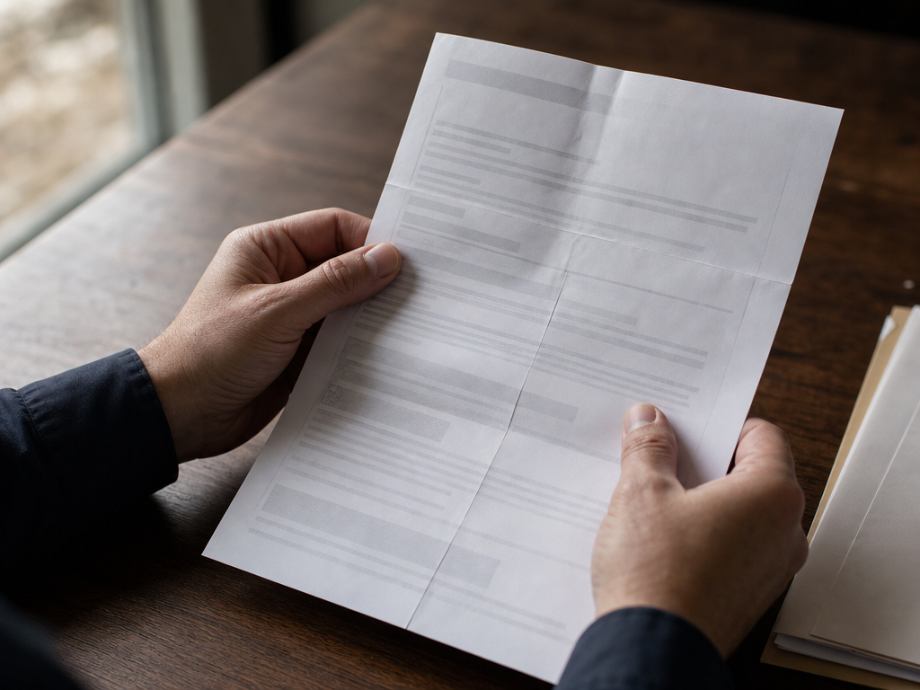 企業の開示書類を手に持ち一次情報を確認する人物の手元のクローズアップ写真