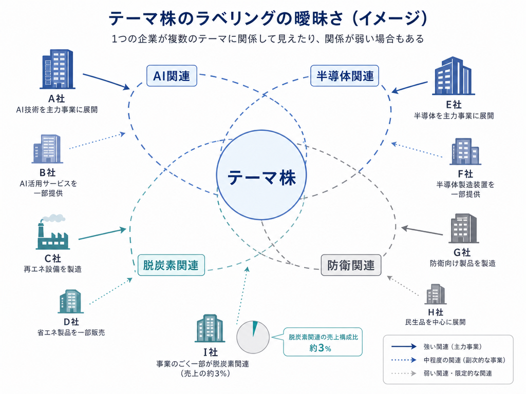 「テーマ株」ラベルの定義の曖昧さを示すインフォグラフィック:複数の関連ラベルが緩い境界線で繋がり、一部の企業はごく薄い関連しか持たないことを図示している。
