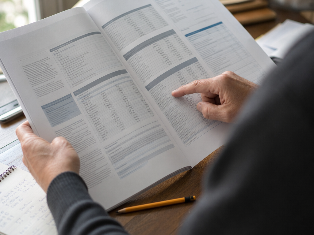 有価証券報告書を手に取り、セグメント情報を指で確認する人物の手元のクローズアップ。