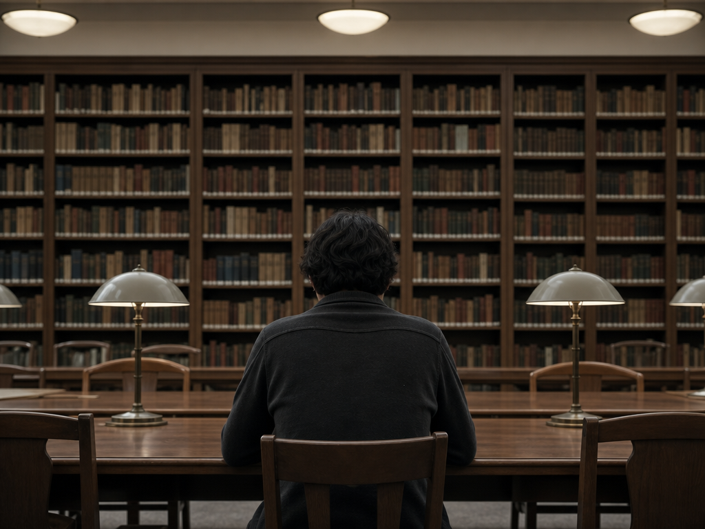 図書館の閲覧室で一人静かに考え込む人物の後ろ姿を捉えたドキュメンタリー写真