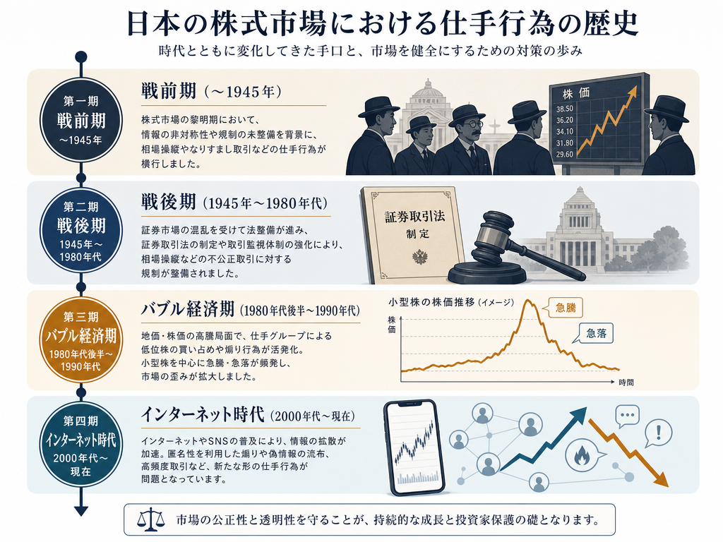戦前から現代のインターネット時代まで続く日本の仕手行為の歴史を示すタイムライン図解