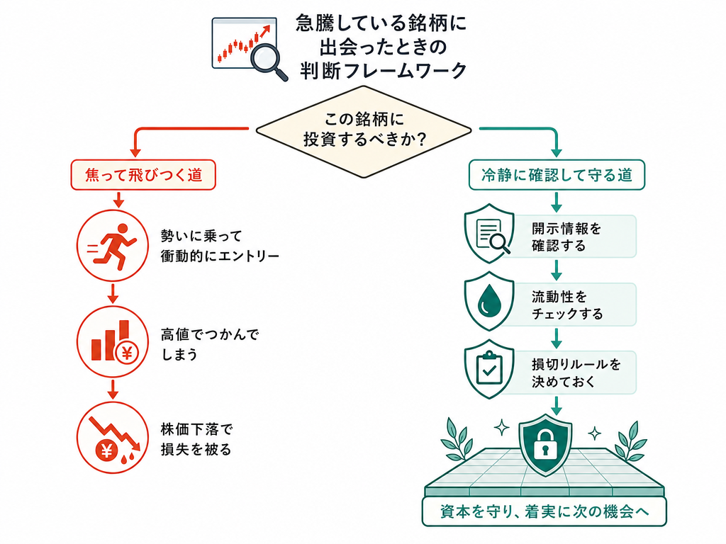 急騰銘柄に遭遇した際の投資家の判断分岐と自己防衛チェックリストを示す概念図
