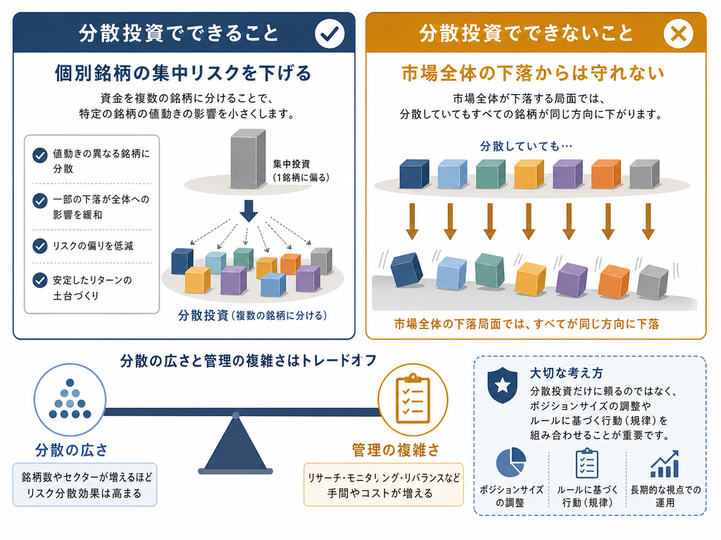 分散投資で期待できること・できないことを整理した二分割の教育的インフォグラフィック