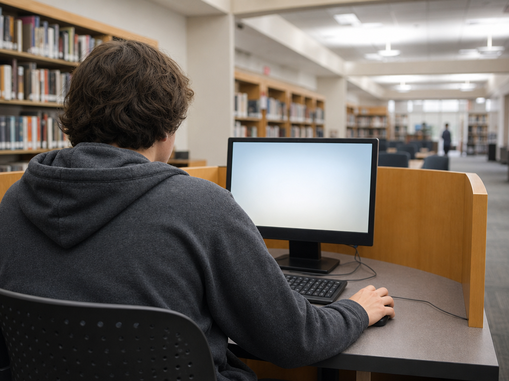 図書館の端末で公的データベースを検索する人物の後ろ姿