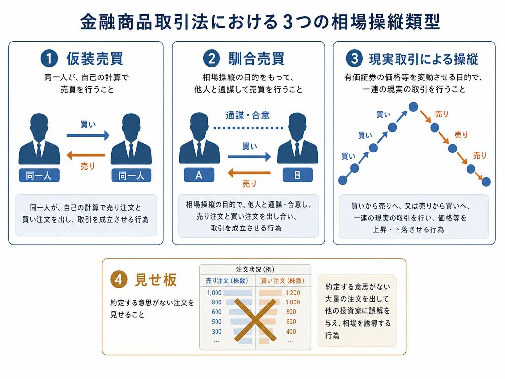 金融商品取引法が禁じる相場操縦の三類型（仮装売買・馴合売買・現実取引）と見せ板を整理したインフォグラフィック