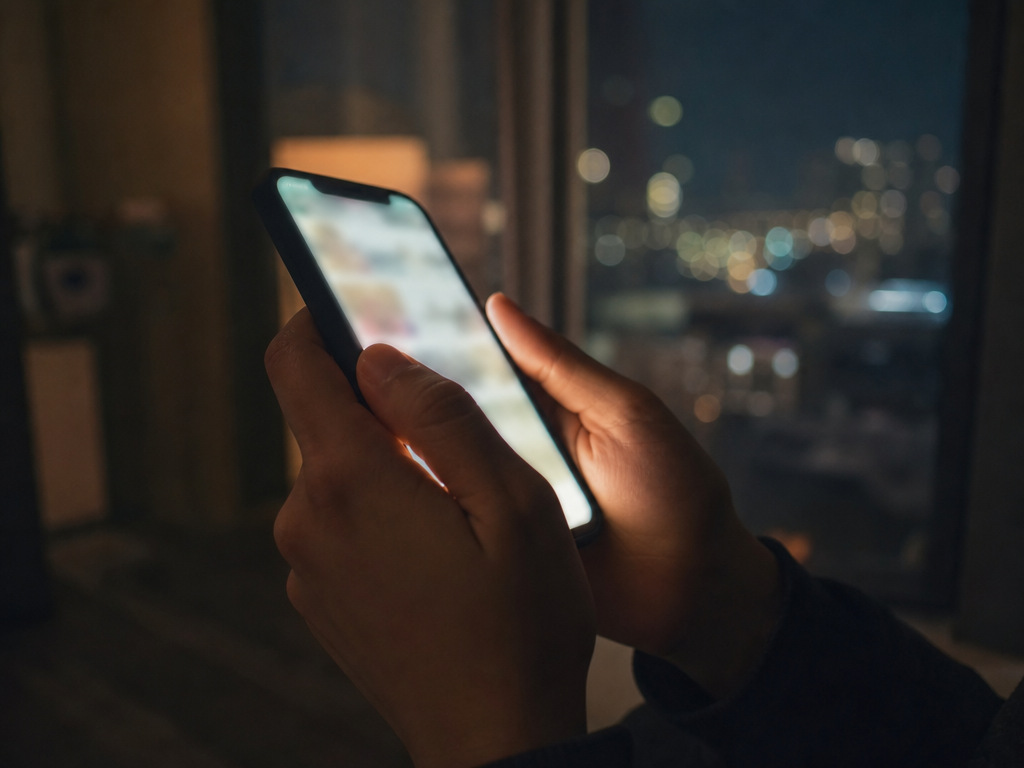 夜の室内でスマートフォンを緊張した様子で握る人物の手元のクローズアップ