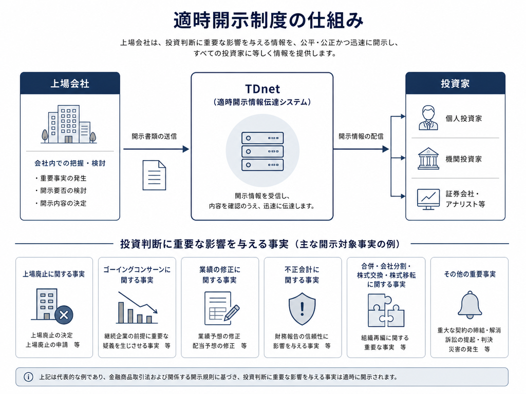 適時開示制度の仕組みとTDnetを通じた情報伝達フロー、および「重大な影響」に該当する事象の分類を示したインフォグラフィック