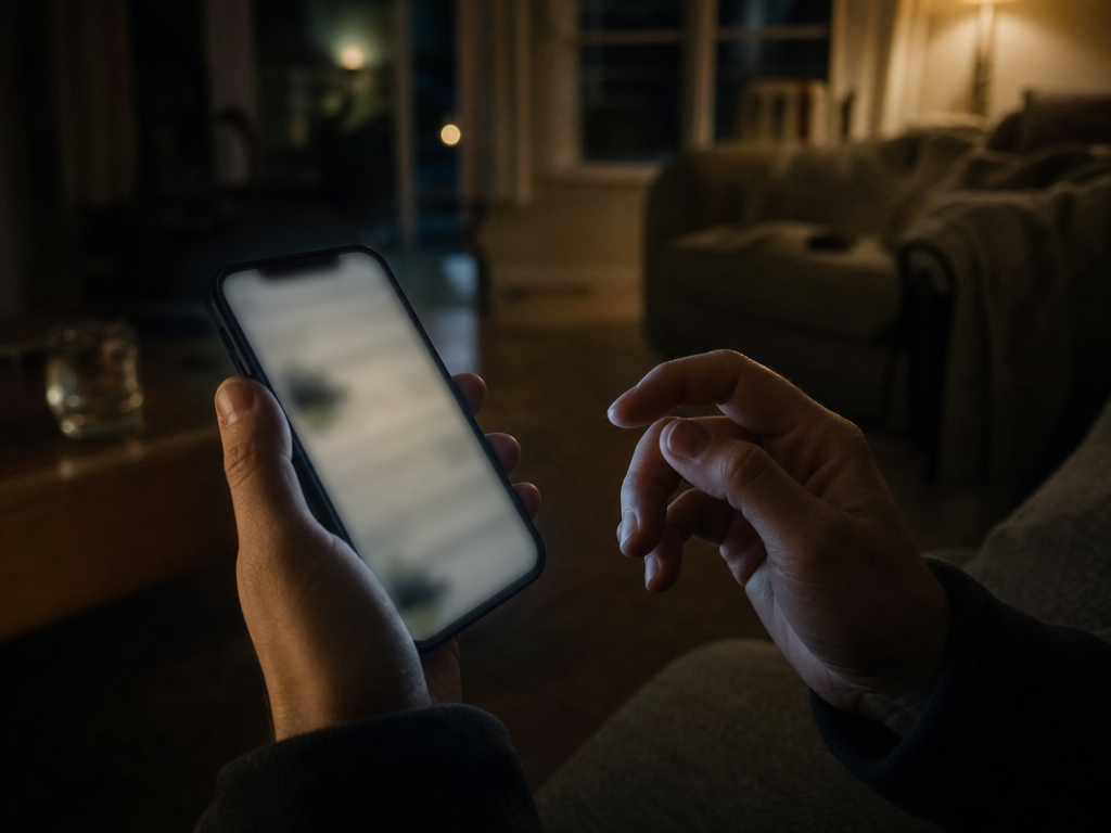 夜の室内でスマートフォンを握りしめ投資判断に迷う人物の手元のクローズアップ
