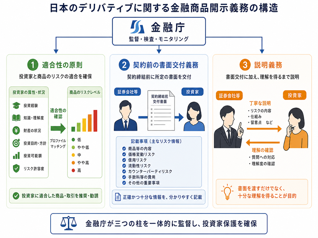 金融商品取引法に基づくデリバティブ取引のリスク開示義務の三本柱（適合性の原則・書面交付・説明義務）を図解したインフォグラフィック