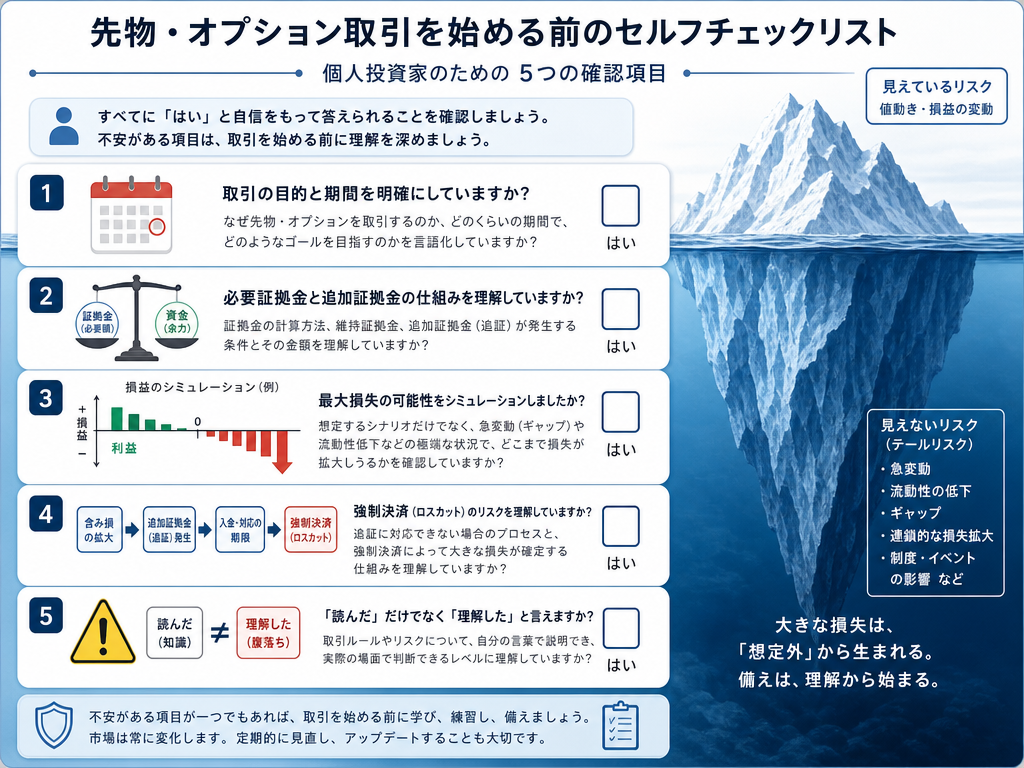 デリバティブ取引開始前に投資家が確認すべき五つの自己チェック項目を図示した教育的インフォグラフィック