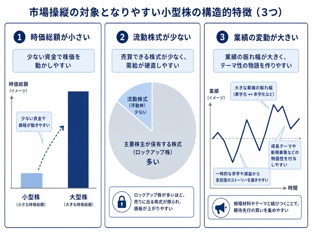 仕手筋が好む小型株の三つの共通特徴(時価総額・浮動株比率・業績変動)を示す教育的インフォグラフィック