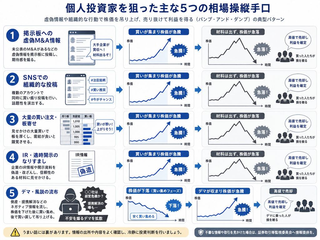 摘発された5つの風説の流布の手口を番号付きパネルで図解したインフォグラフィック