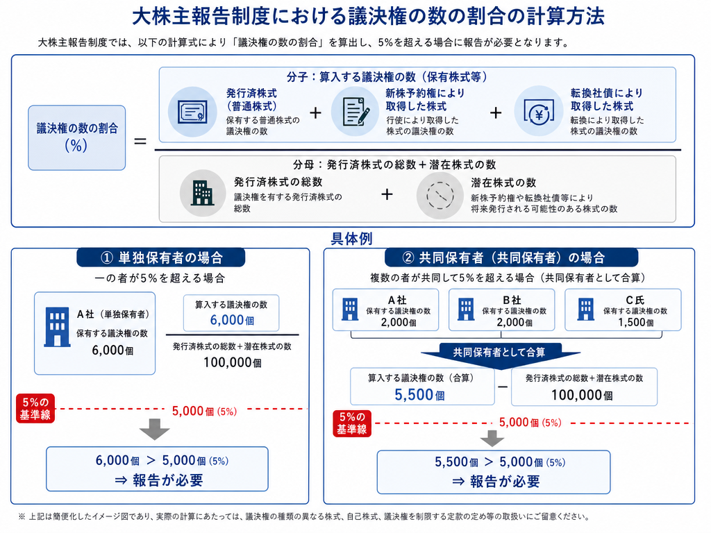 保有割合の計算式と共同保有者の合算ルールを図解したインフォグラフィック