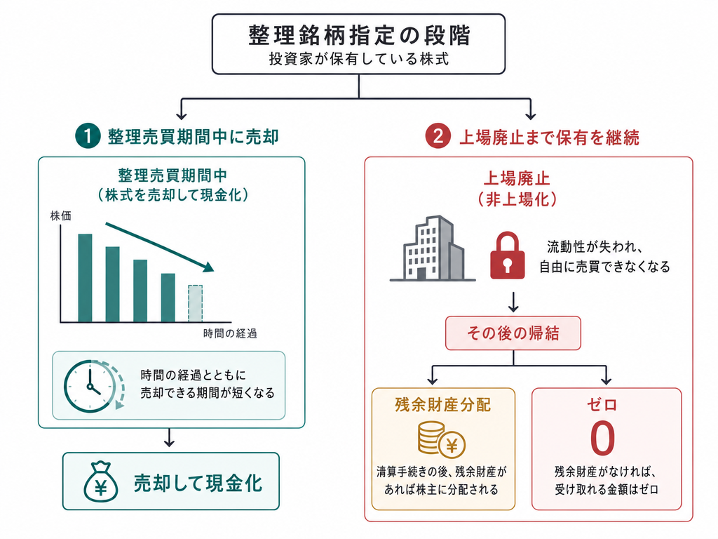 整理銘柄指定後に投資家が直面する二択の選択肢と結末を示した概念図