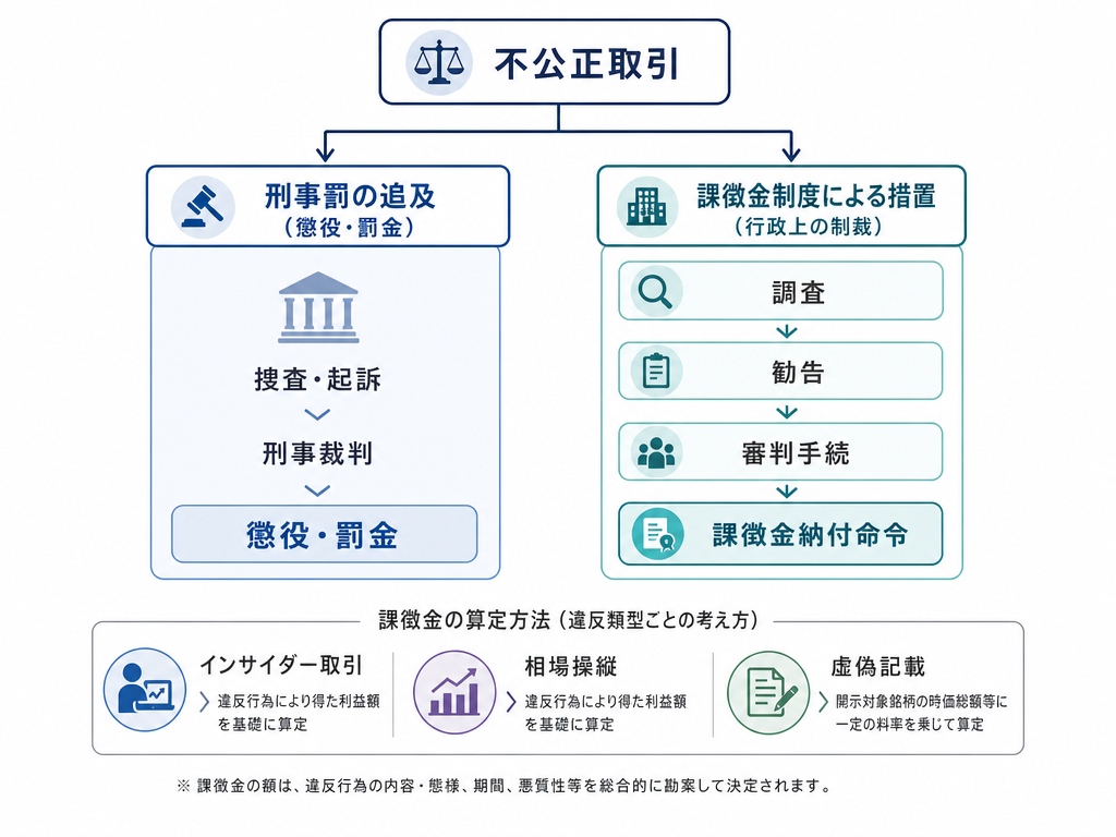 課徴金制度と刑事罰の二本立て構造および類型別算定方式を示したインフォグラフィック
