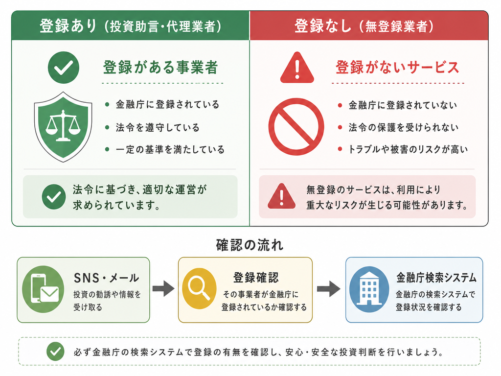 無登録投資助言サービスの確認ステップと登録の有無による対比を示した図解