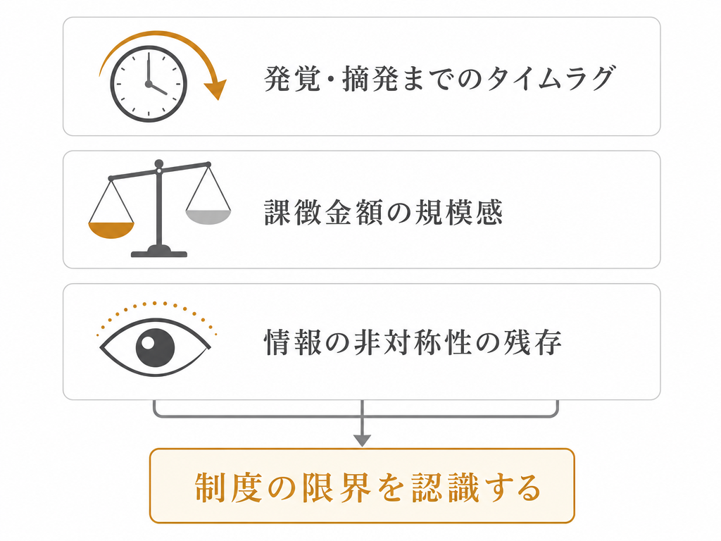 課徴金制度の三つの限界——タイムラグ・金額の規模感・情報の非対称性を示した概念図