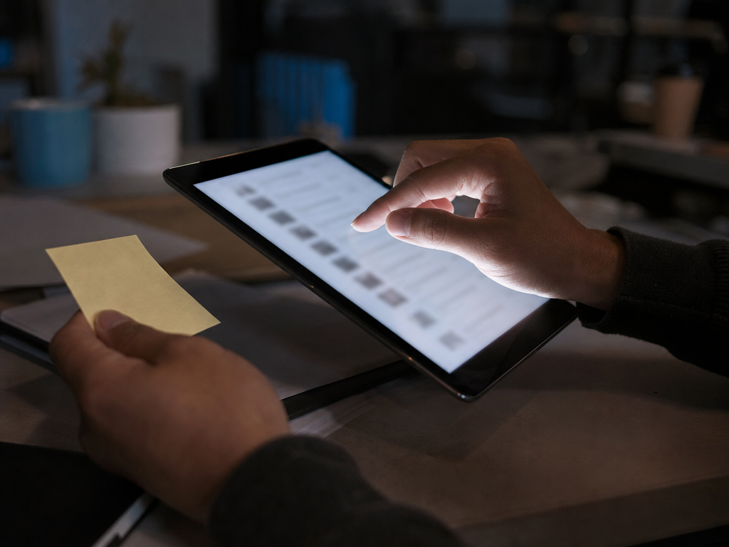 EDINETの変更報告書を手元のタブレットで継続的に確認する実務者の手元クローズアップ
