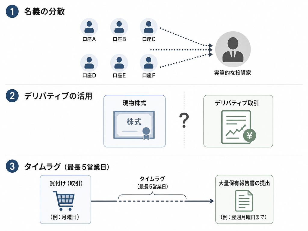 5%ルールの制度的限界を示す図解：名義分散・デリバティブ活用・タイムラグの三つの問題点を整理したインフォグラフィック
