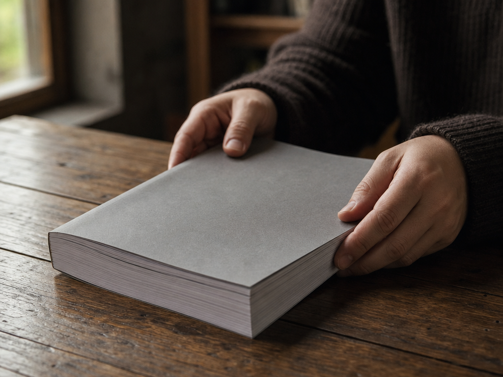 情報源の限界を象徴するように、冊子をそっと閉じる人物の手元のクローズアップ