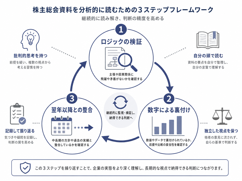 招集通知を精読するための3段階の読み方の枠組みを示した循環型インフォグラフィック