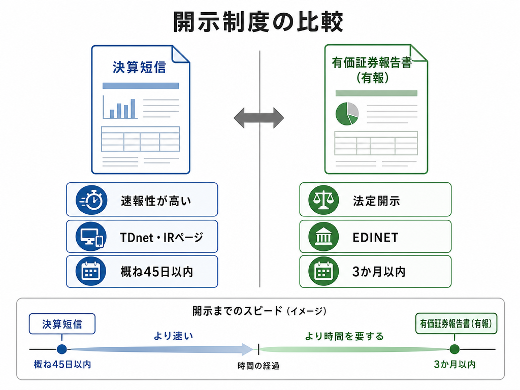 決算短信と有価証券報告書の開示制度の違いを比較したインフォグラフィック