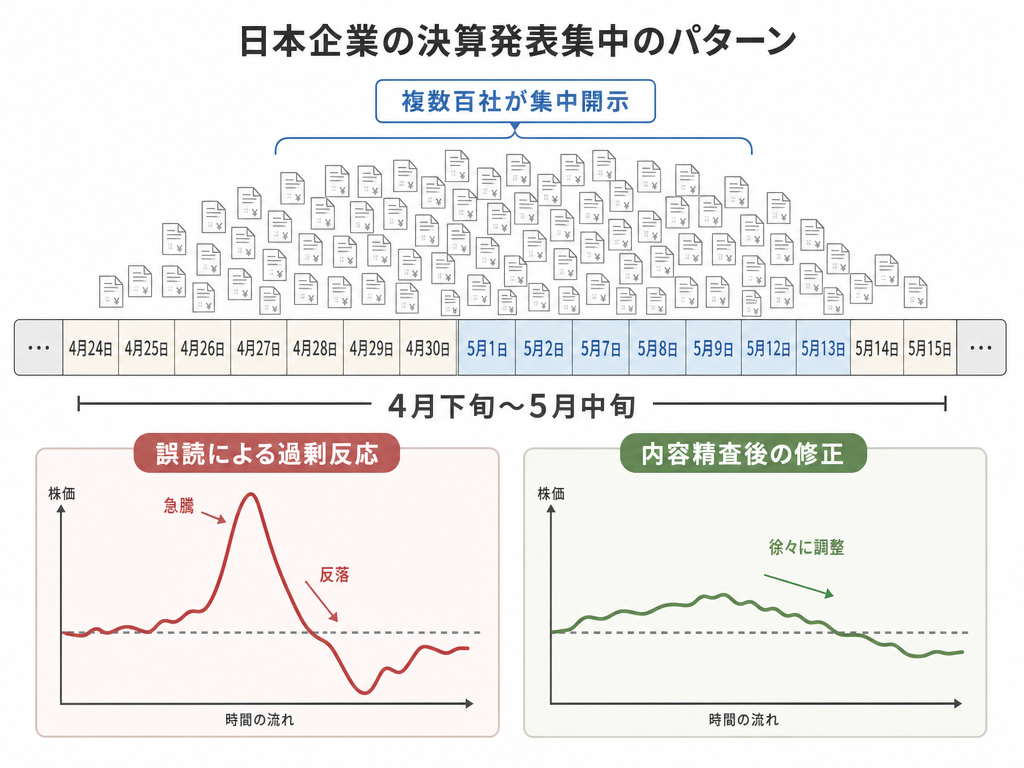 3月決算企業の決算発表集中期と株価の誤読・修正パターンを示したインフォグラフィック