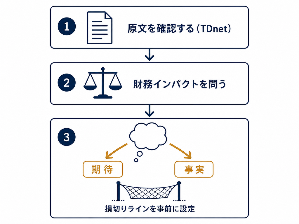 開示を受け取った投資家が取るべき三段階の行動原則を示したフロー図
