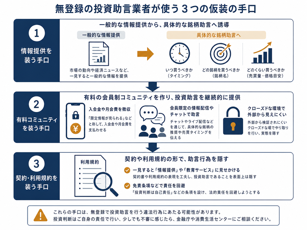 無登録投資助言の典型的な三つの隠れ蓑（情報提供への読み替え・有料コミュニティ・規約の免責表記）を図解したインフォグラフィック
