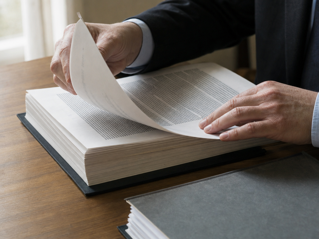 行政対応事例の公式文書を丁寧にめくる人物の手元を捉えたドキュメンタリー風写真