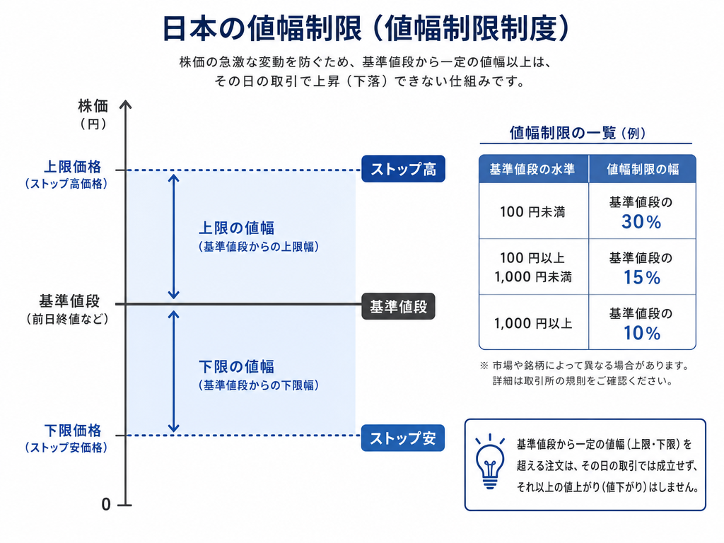 値幅制限の仕組みを示す縦軸と価格帯別制限値幅の対応表のインフォグラフィック
