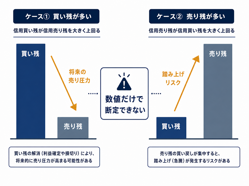 信用倍率の高低が示す一般的な解釈（売り圧力と踏み上げリスク）と、数値だけで断定できないという注意点を対比した概念図。