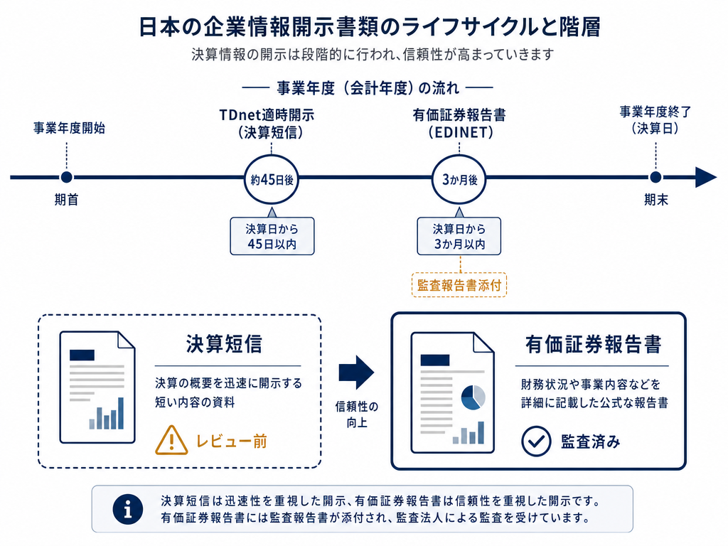 通期決算短信と有価証券報告書の開示タイミングおよび監査の有無を比較したインフォグラフィック