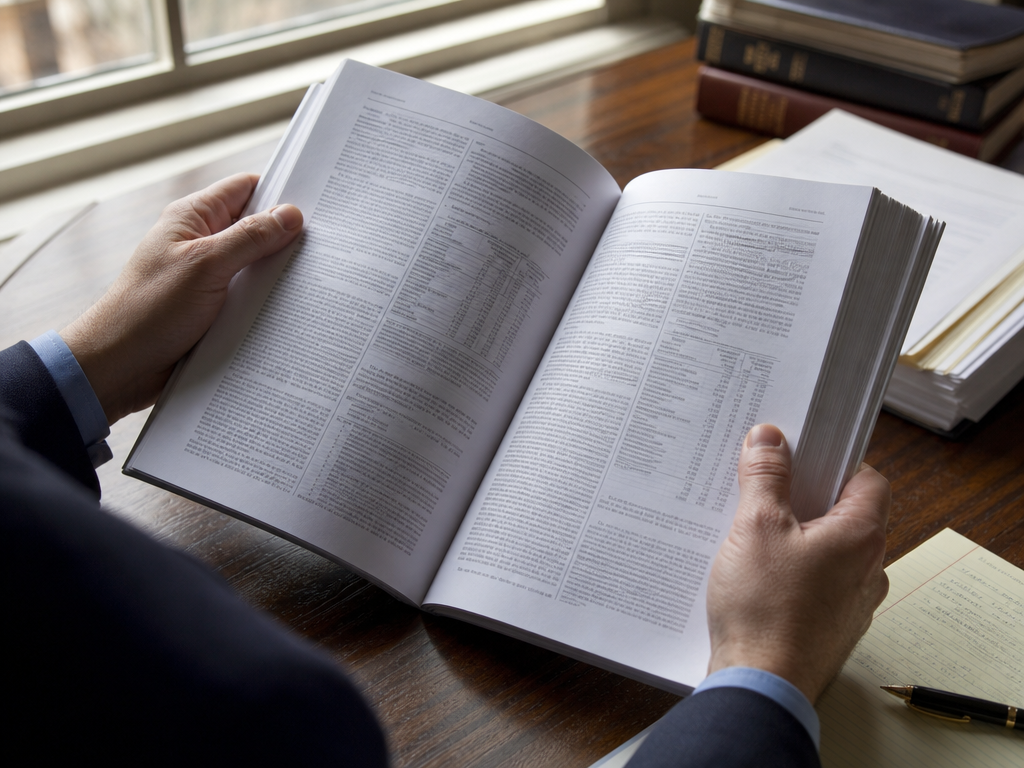 法定開示書類を丁寧に読み込む手元のクローズアップ写真