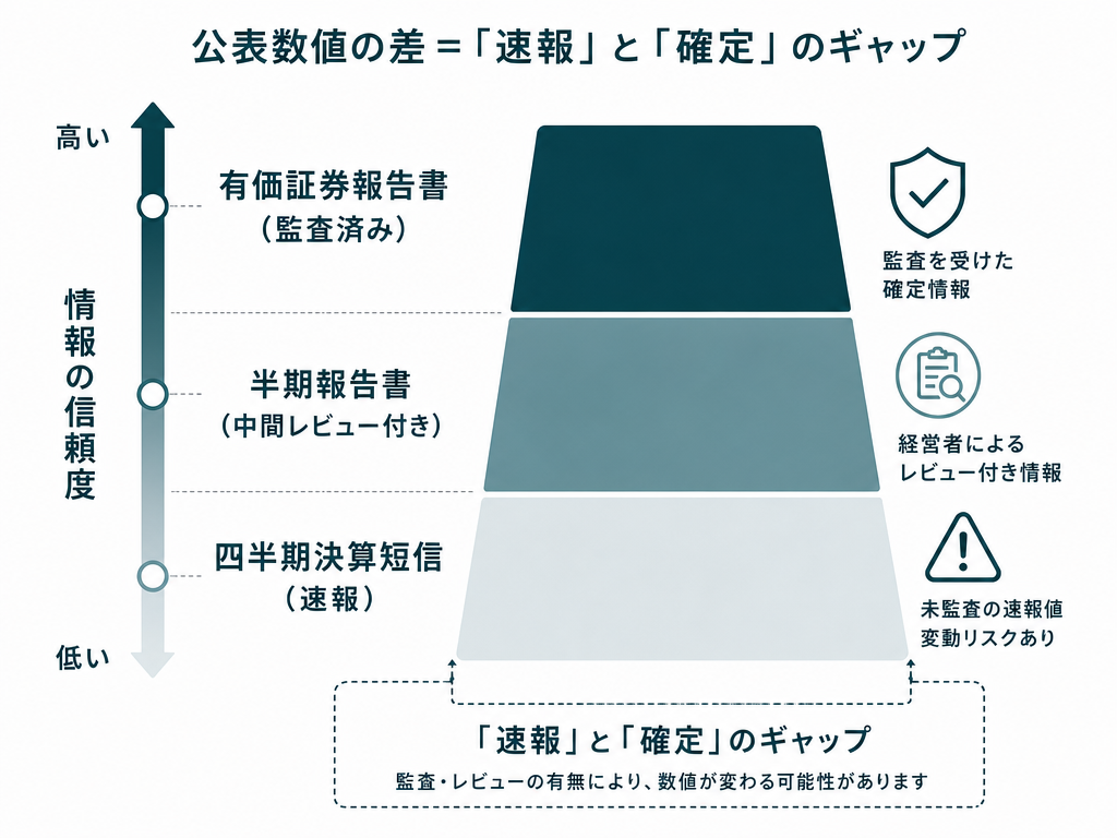 決算短信・半期報告書・有価証券報告書の信頼度と開示の厚みを段階的に示した図解