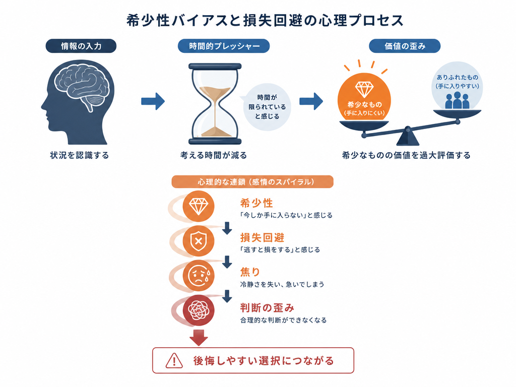 希少性バイアスと損失回避が意思決定を歪めるプロセスを示した概念図